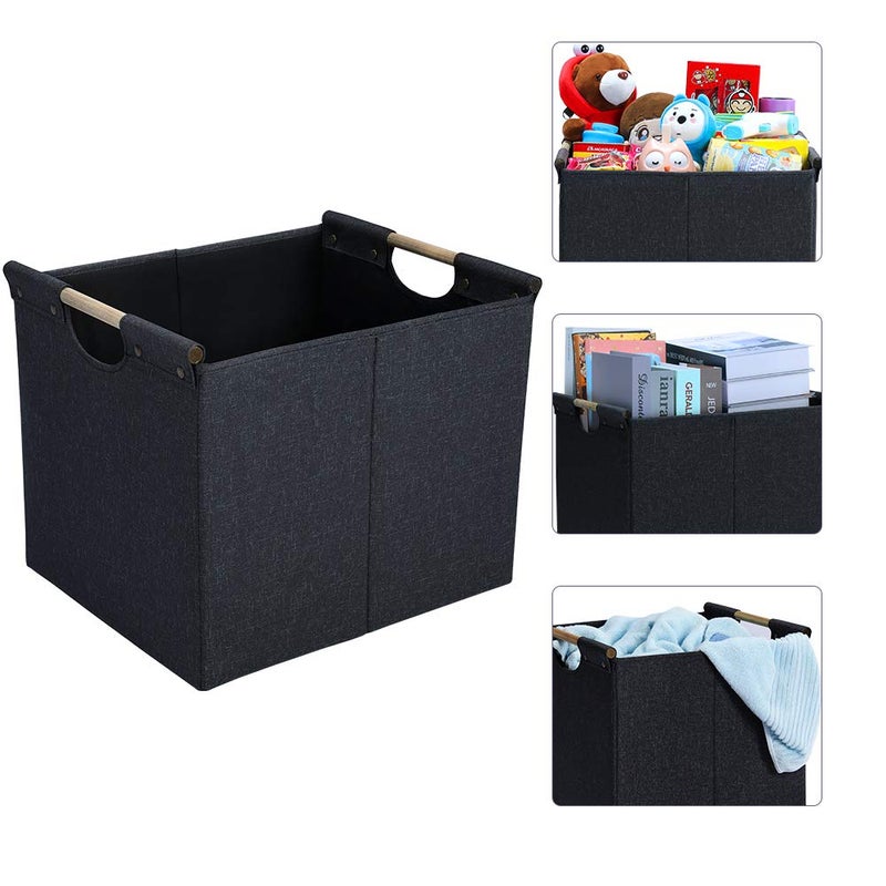 HOONEX Large Collapsible Storage Bins, Linen Fabric, 2 Pack, Storage Baskets with Wooden Carry Handles and Sturdy Heavy Cardboard, for Home, Office, Car, Nursery, Dark Grey - Image 3